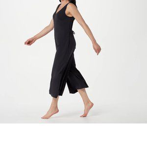 L T AnyBody Cozy Knit Wide Leg Jumpsuit BLACK Tall LARGE with Back Tie